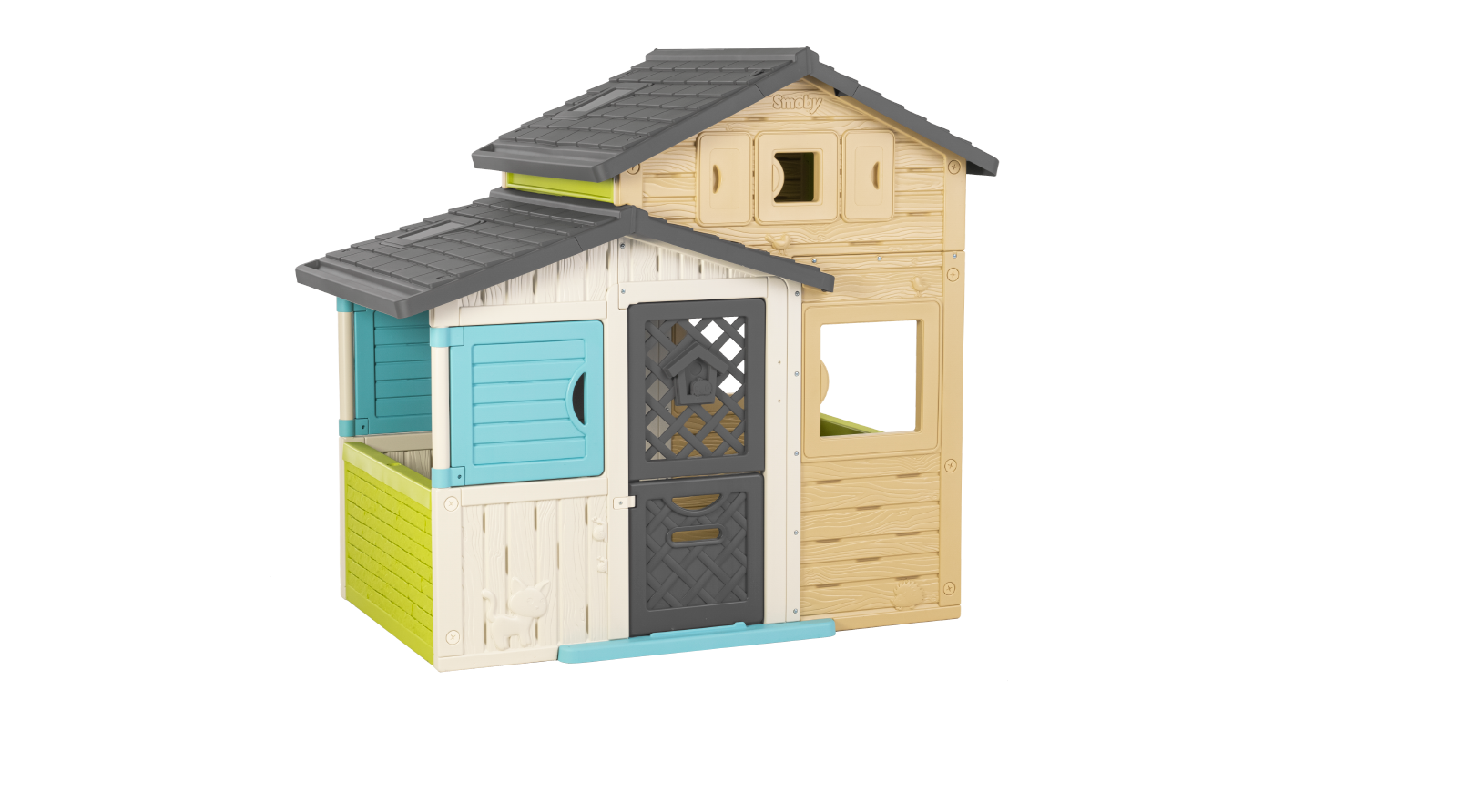 Domeček Přátel v elegantních barvách Friends House Evo Playhouse Smoby rozšiřitelný 2 dveře s klíčem 6 oken s UV filtrem 162 cm výška
