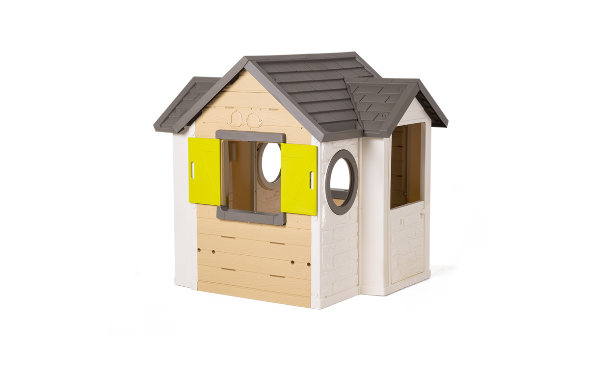 Domeček přírodní My New House Smoby rozšiřitelný 2 okna s okenicemi 2 kulatá okna a poloviční dveře 135 cm vysoký s UV filtrem od 2 let