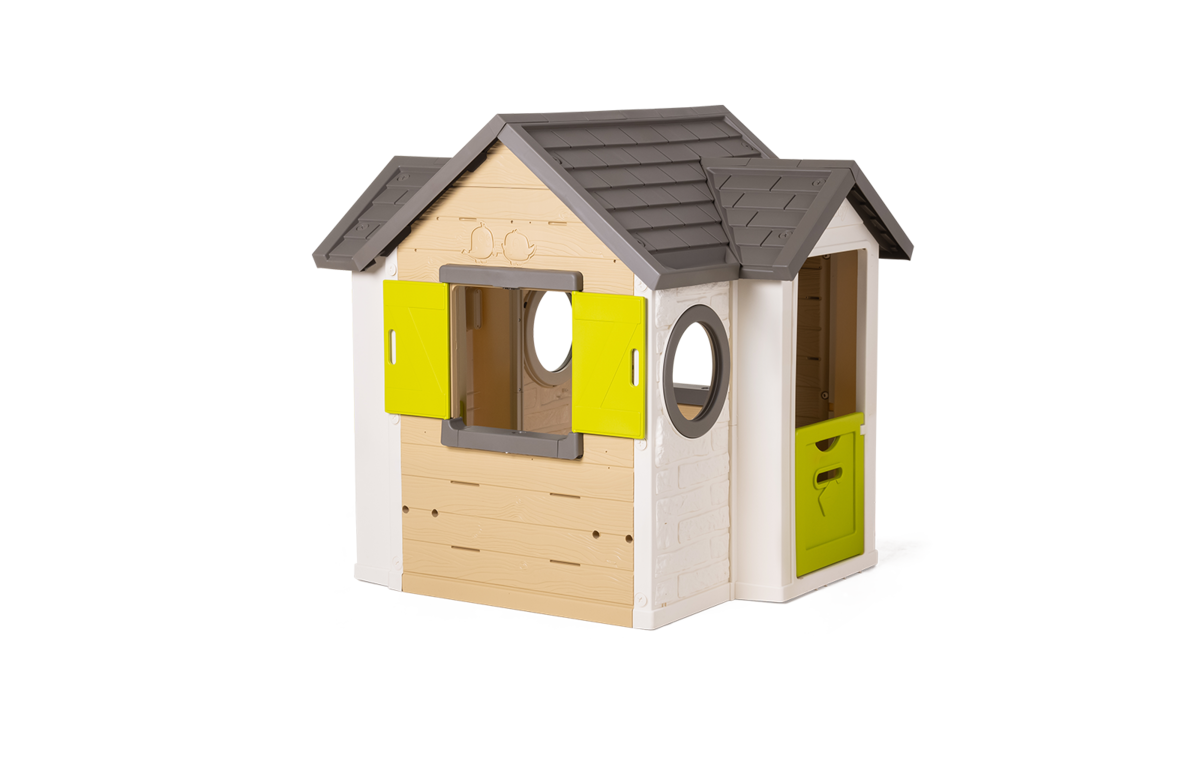 Domeček přírodní My New House Smoby rozšiřitelný 2 okna s okenicemi 2 kulatá okna a poloviční dveře 135 cm vysoký s UV filtrem od 2 let