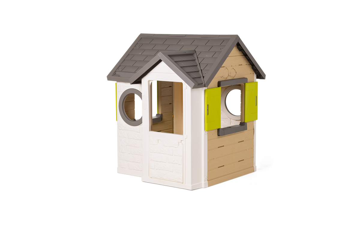 Domeček přírodní My New House Smoby rozšiřitelný 2 okna s okenicemi 2 kulatá okna a poloviční dveře 135 cm vysoký s UV filtrem od 2 let