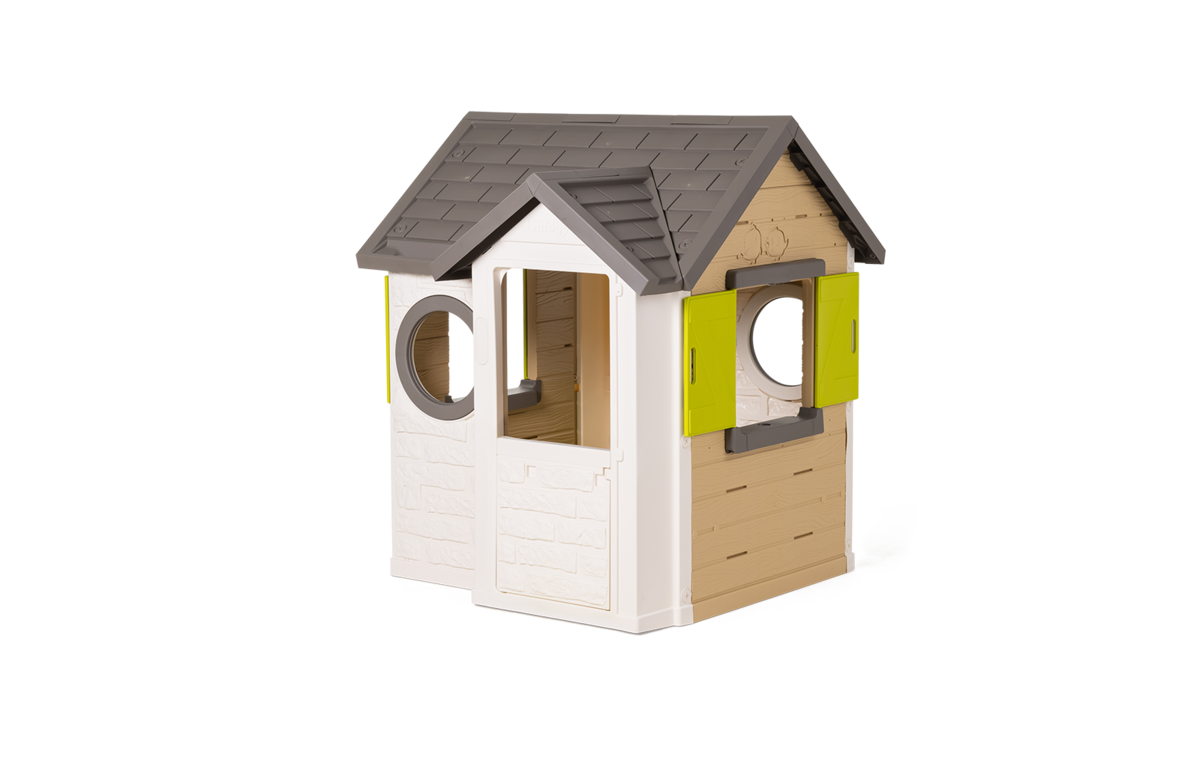 Domeček přírodní My New House Smoby rozšiřitelný 2 okna s okenicemi 2 kulatá okna a poloviční dveře 135 cm vysoký s UV filtrem od 2 let
