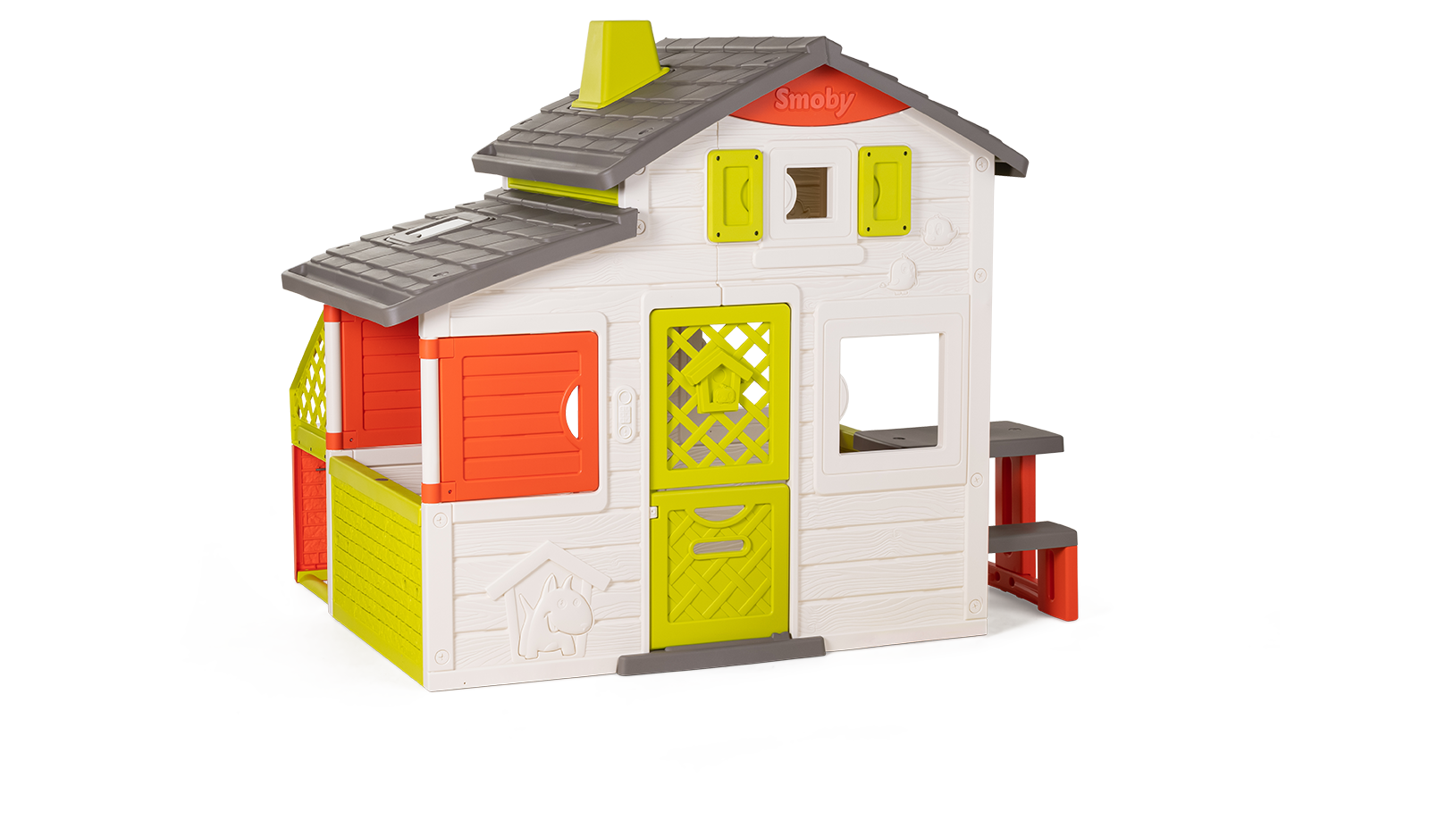 Domeček Přátel s kuchyňkou prostorný Neo Friends House Smoby rozšiřitelný 2 dveře 6 oken a piknik stolek 172 cm výška s UV filtrem