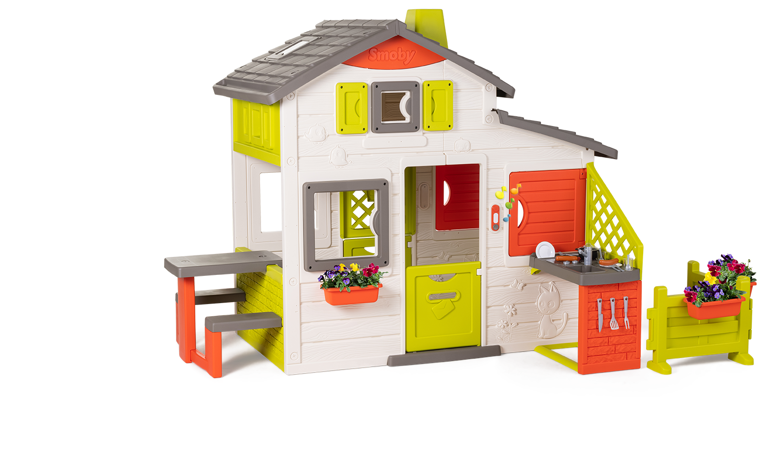 Domeček Přátel prostorný Neo Friends House Smoby se zahrádkou rozšiřitelný 2 dveře 6 oken a piknik stolek 172 cm výška s UV filtrem