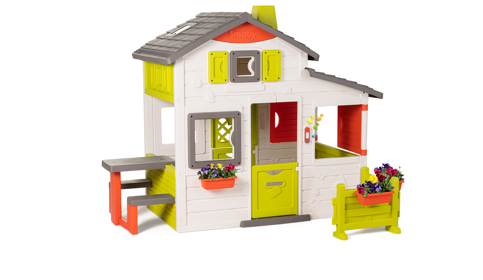 Domeček Přátel prostorný Neo Friends House Smoby se zahrádkou rozšiřitelný 2 dveře 6 oken a piknik stolek 172 cm výška s UV filtrem