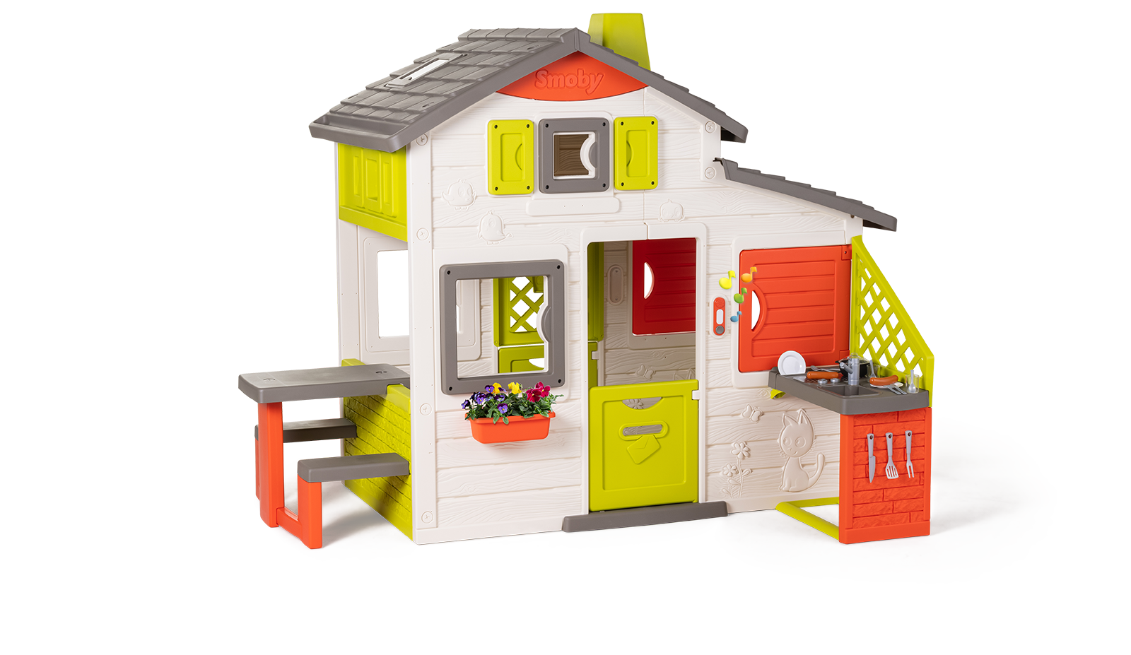 Domeček Přátel s kuchyňkou prostorný Neo Friends House Smoby rozšiřitelný 2 dveře 6 oken a piknik stolek 172 cm výška s UV filtrem