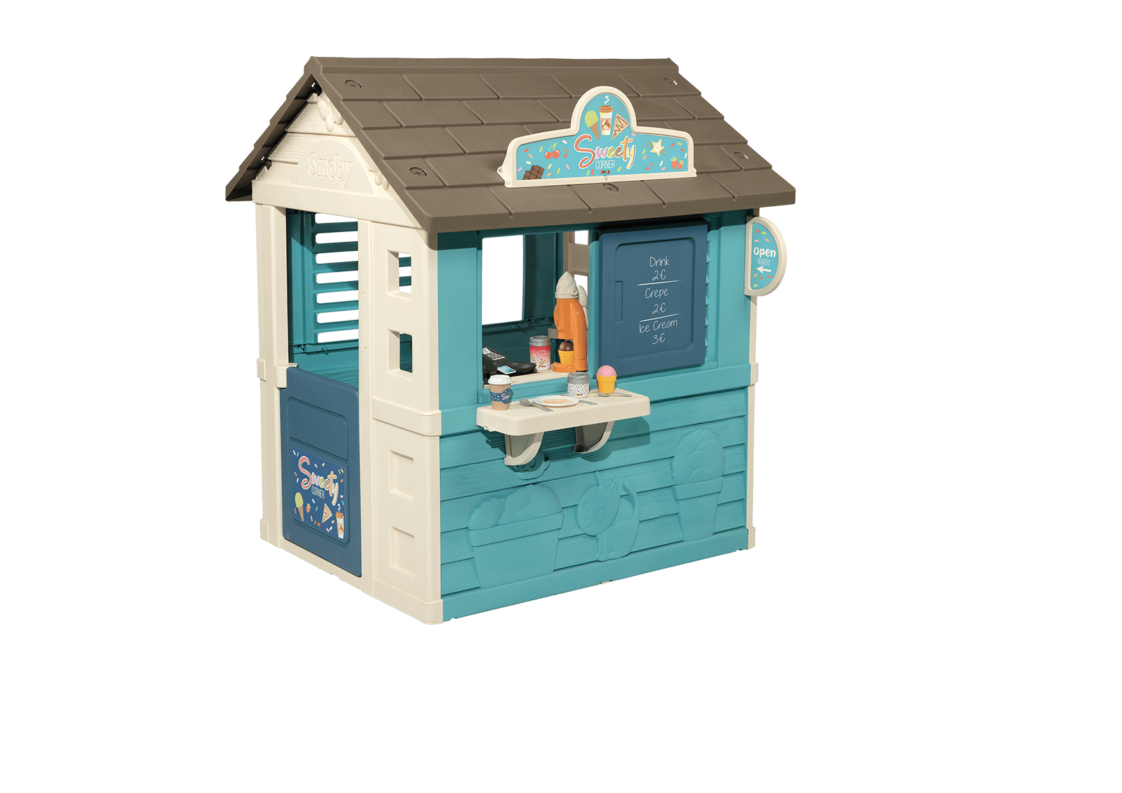Domeček s obchodem Sweety Corner Playhouse Smoby s potravinami a sladkostmi 18 doplňků s UV filtrem od 2 let